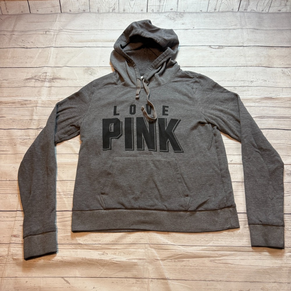 Victoria's Secret Love Pink‎ Grey Cropped Hoodie Logo Women's Size Large